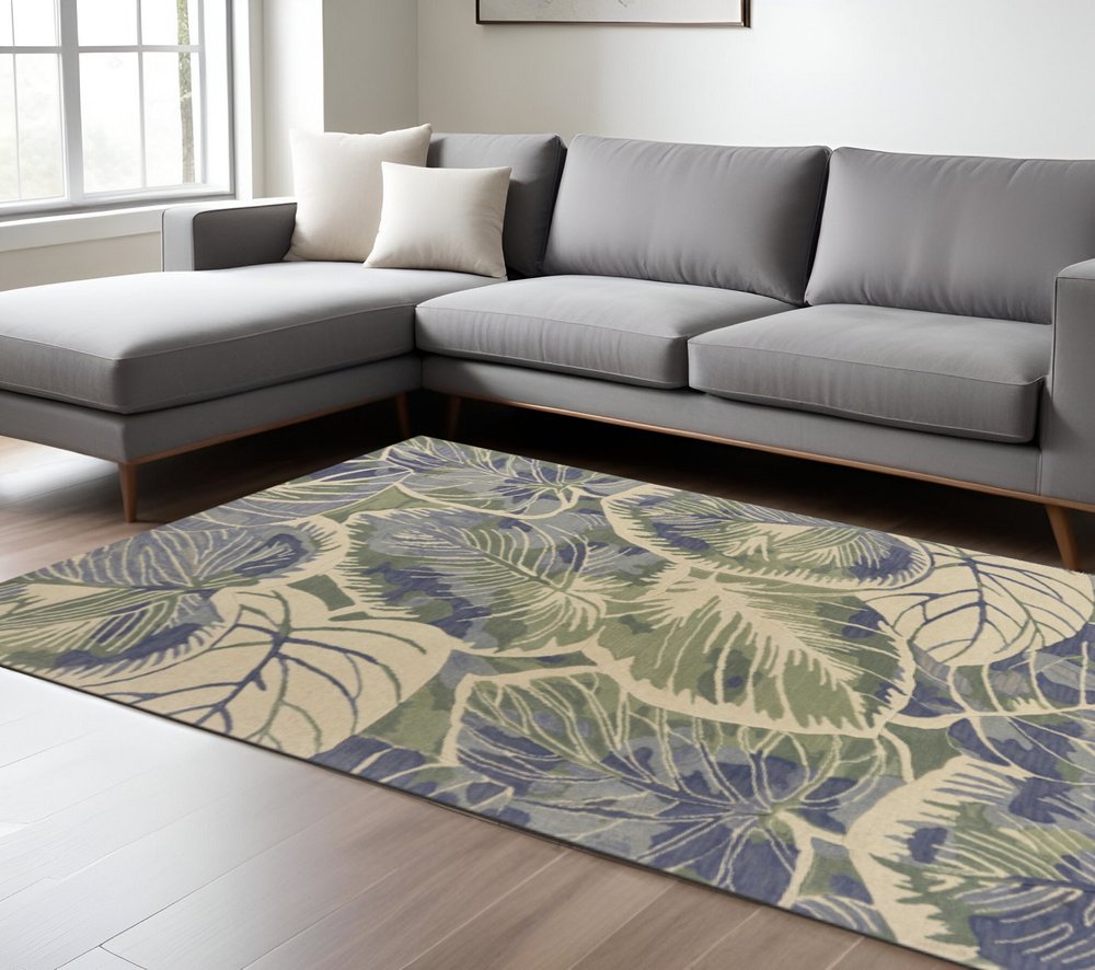3' X 5' Blue Green And Beige Wool Tropical Botanical Hand Tufted Area Rug