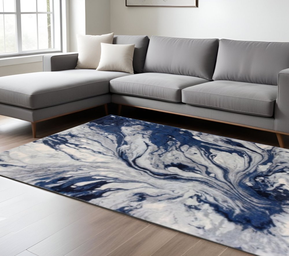 9' X 13' Blue Gray And Ivory Abstract Area Rug