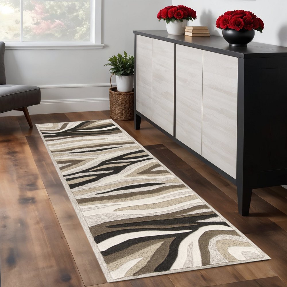 8' X 10' Beige Ivory And Black Wool Abstract Hand Tufted Area Rug