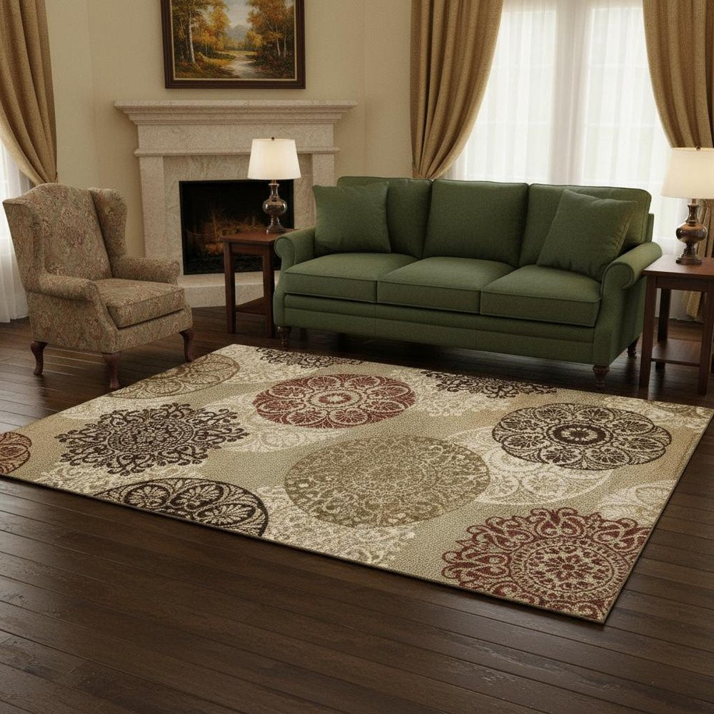 5' X 8' Sage Brown And Ivory Floral Medallion Area Rug