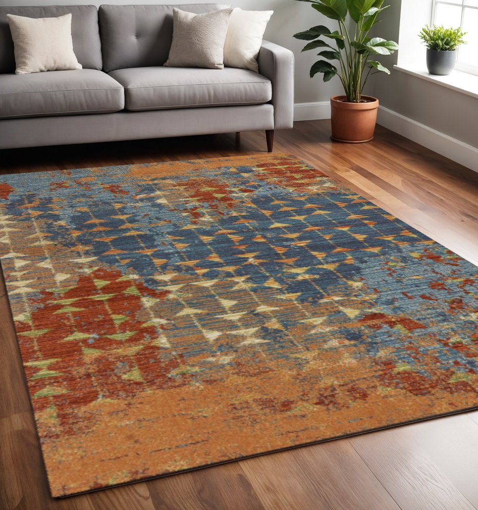 5' X 8' Blue Red And Orange Abstract Area Rug