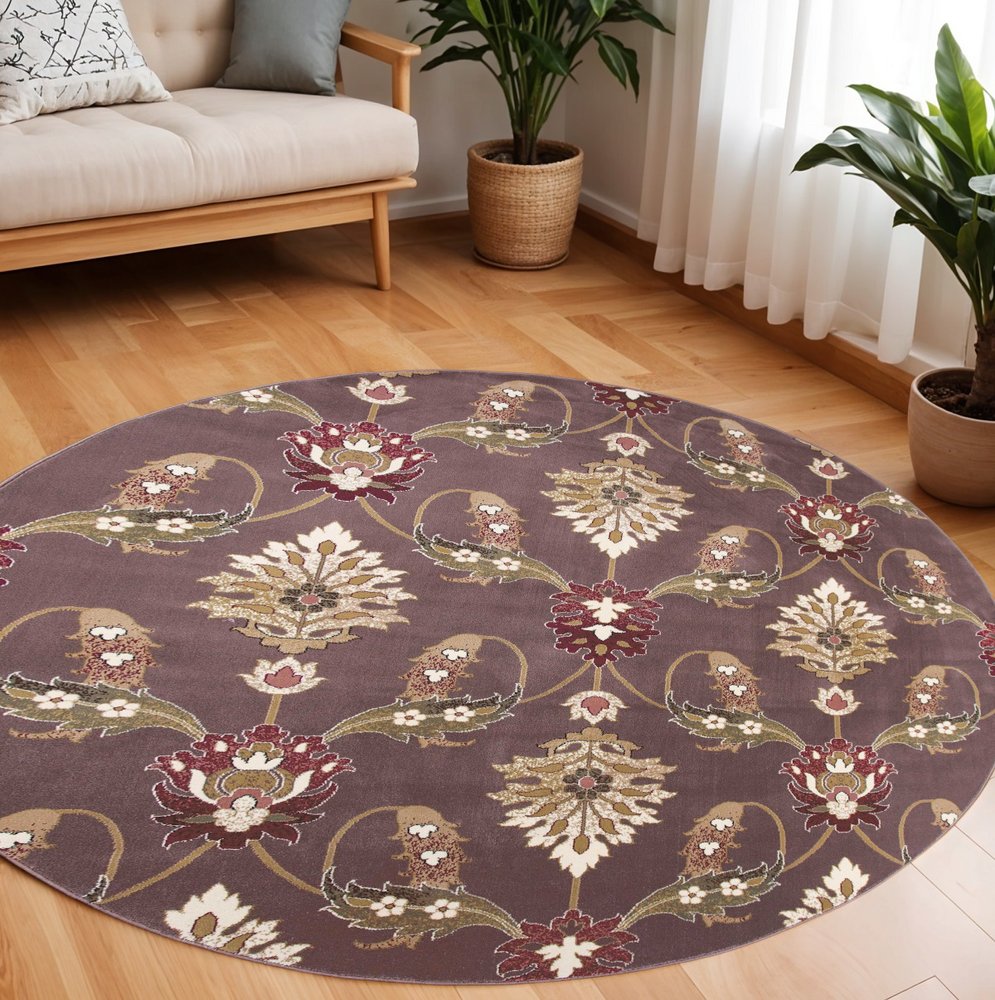 7' Purple Ivory And Brown Floral Octagon Rug