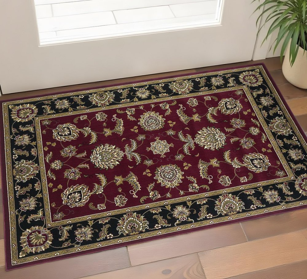7' Red Black And Gold Floral Medallion Octagon Rug