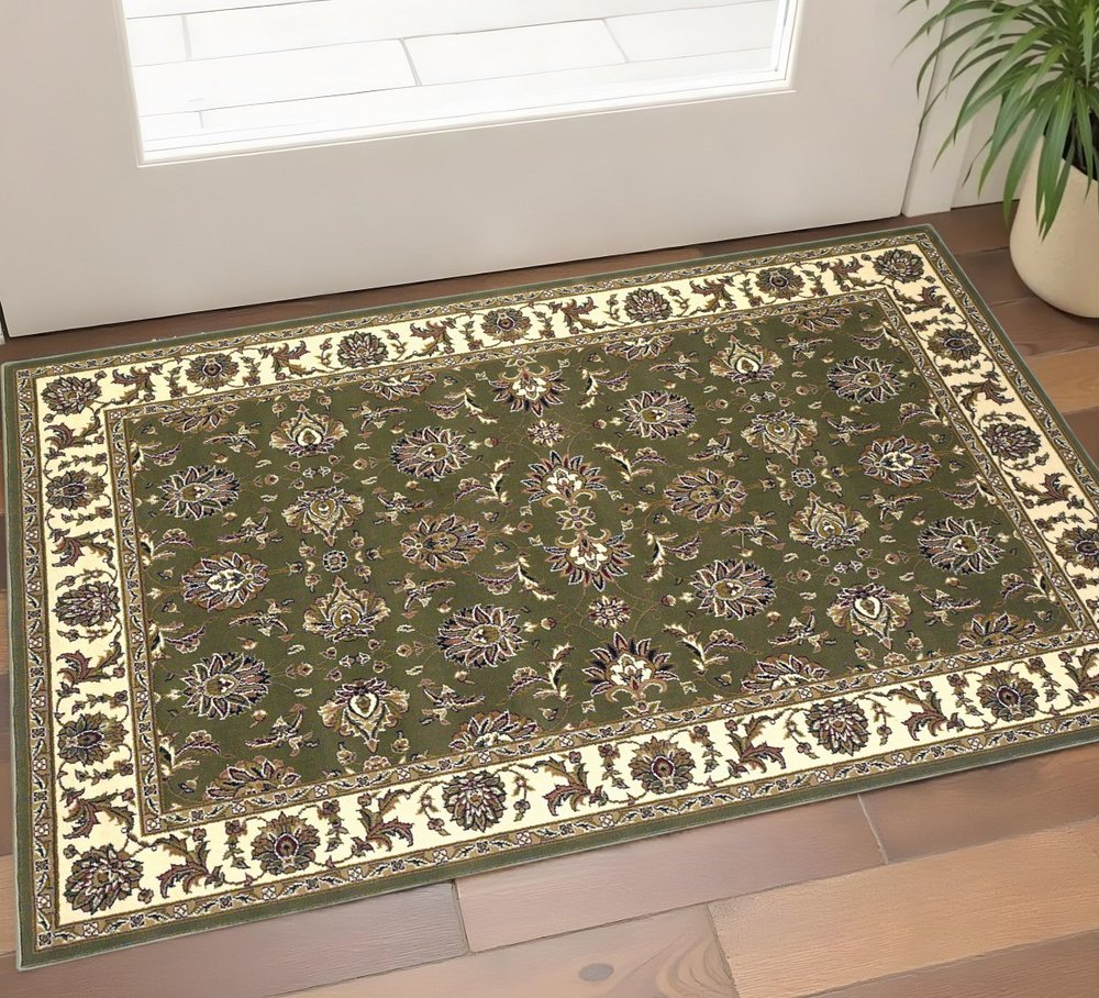 7' Green And Ivory Floral Octagon Rug