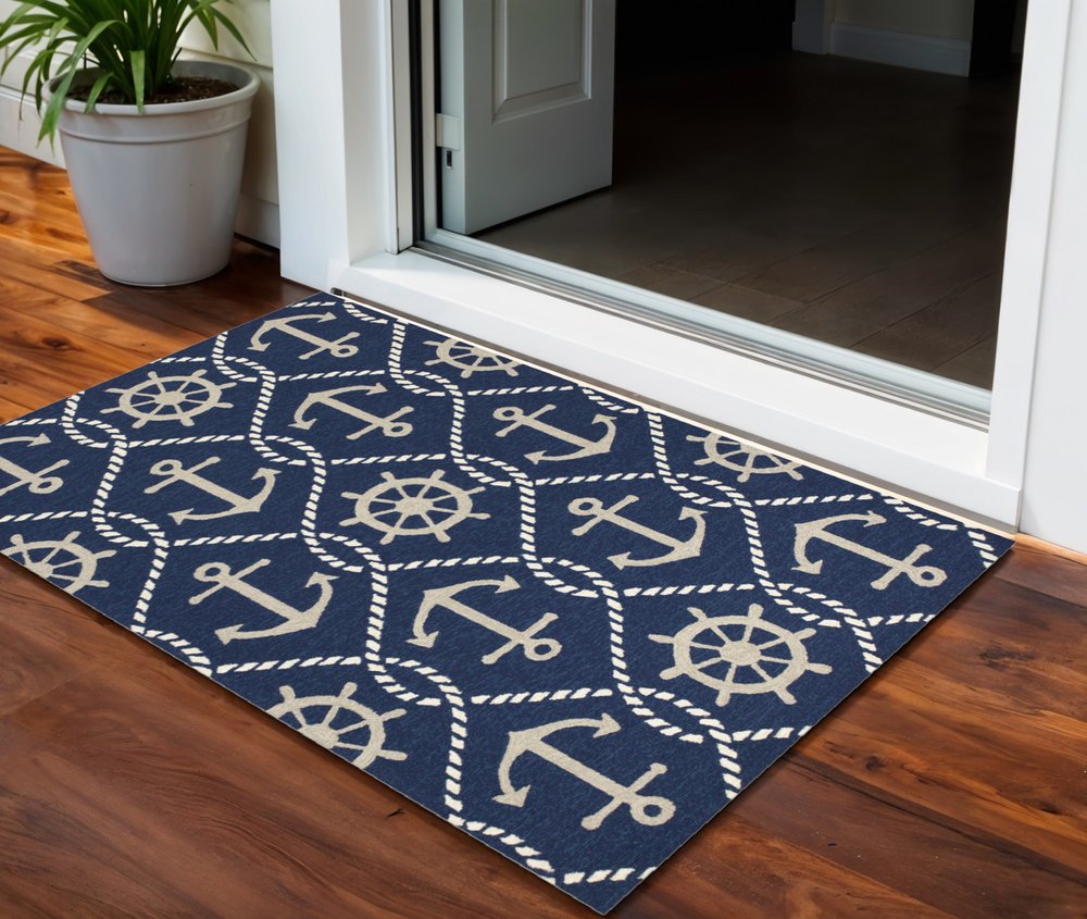 2' X 3' Navy Blue Gold And White Nautical Handmade Indoor Outdoor Area Rug