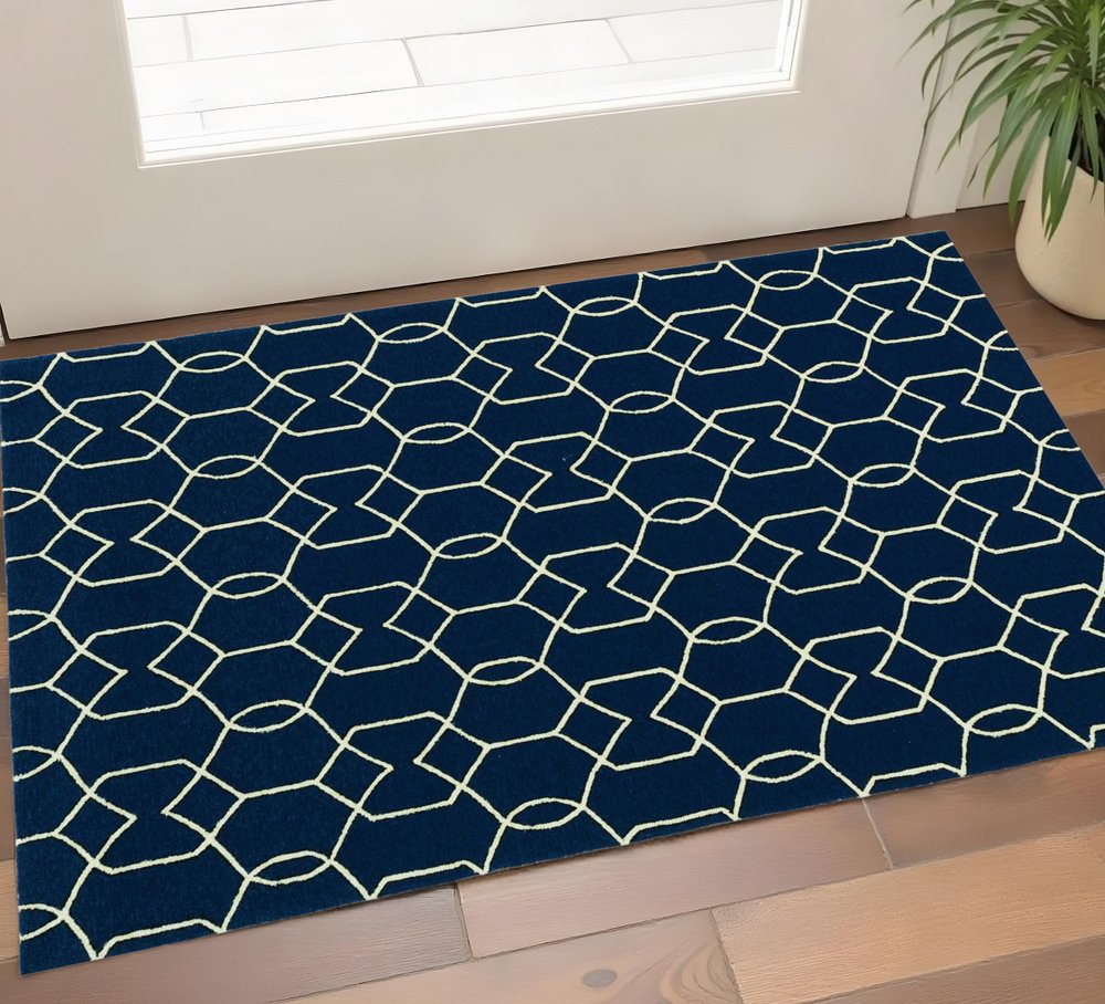 2' X 3' Navy Blue And Ivory Geometric Hand Hooked Area Rug