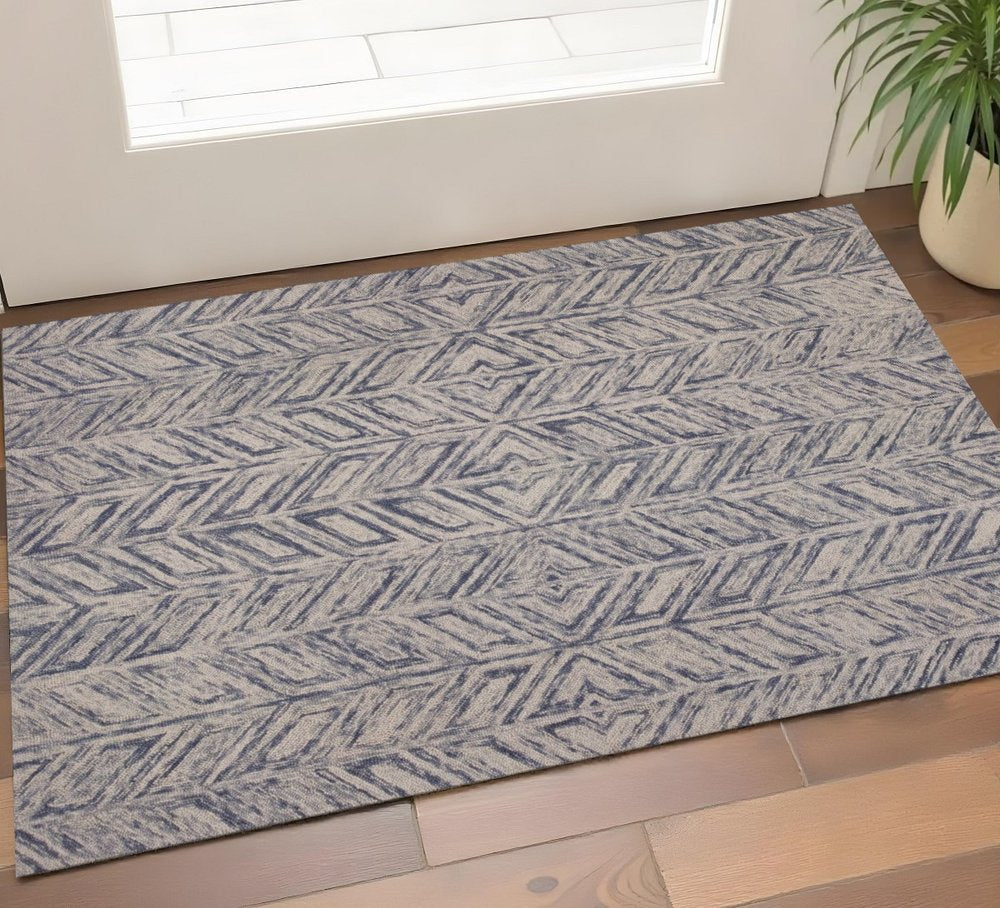2' X 4' Blue And Beige Wool Chevron Hand Tufted Area Rug