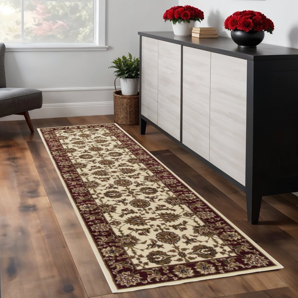 3' X 5' Red Ivory And Brown Floral Medallion Area Rug