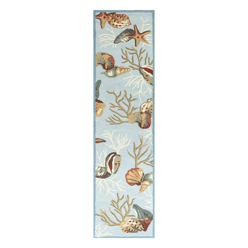 2' X 4' Blue Beige And Green Seashell and Coral Hand Tufted Area Rug