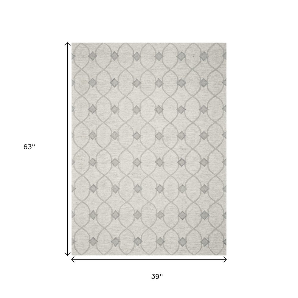 3' X 5' Ivory And Gray Wool Ogee Hand Tufted Area Rug