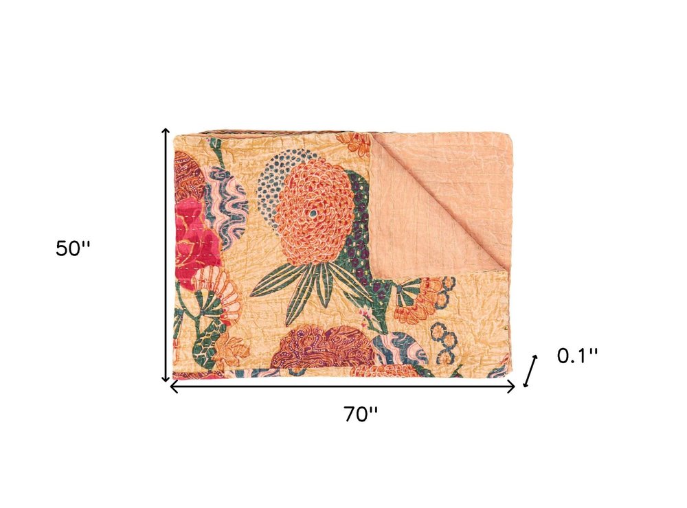 50" X 70" Orange and Red Kantha Cotton Floral Throw Blanket with Embroidery