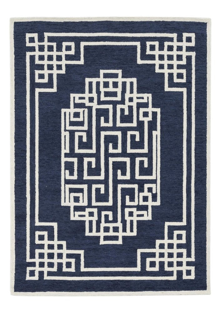 9' X 12' Navy Blue And Ivory Wool Geometric Hand Tufted Area Rug