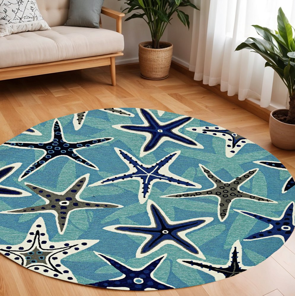 8' X 10' Navy Blue And Aqua Starfish Hand Tufted Area Rug