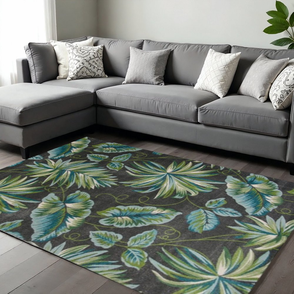 3' X 5' Gray Teal And Green Botanical Leaves Area Rug