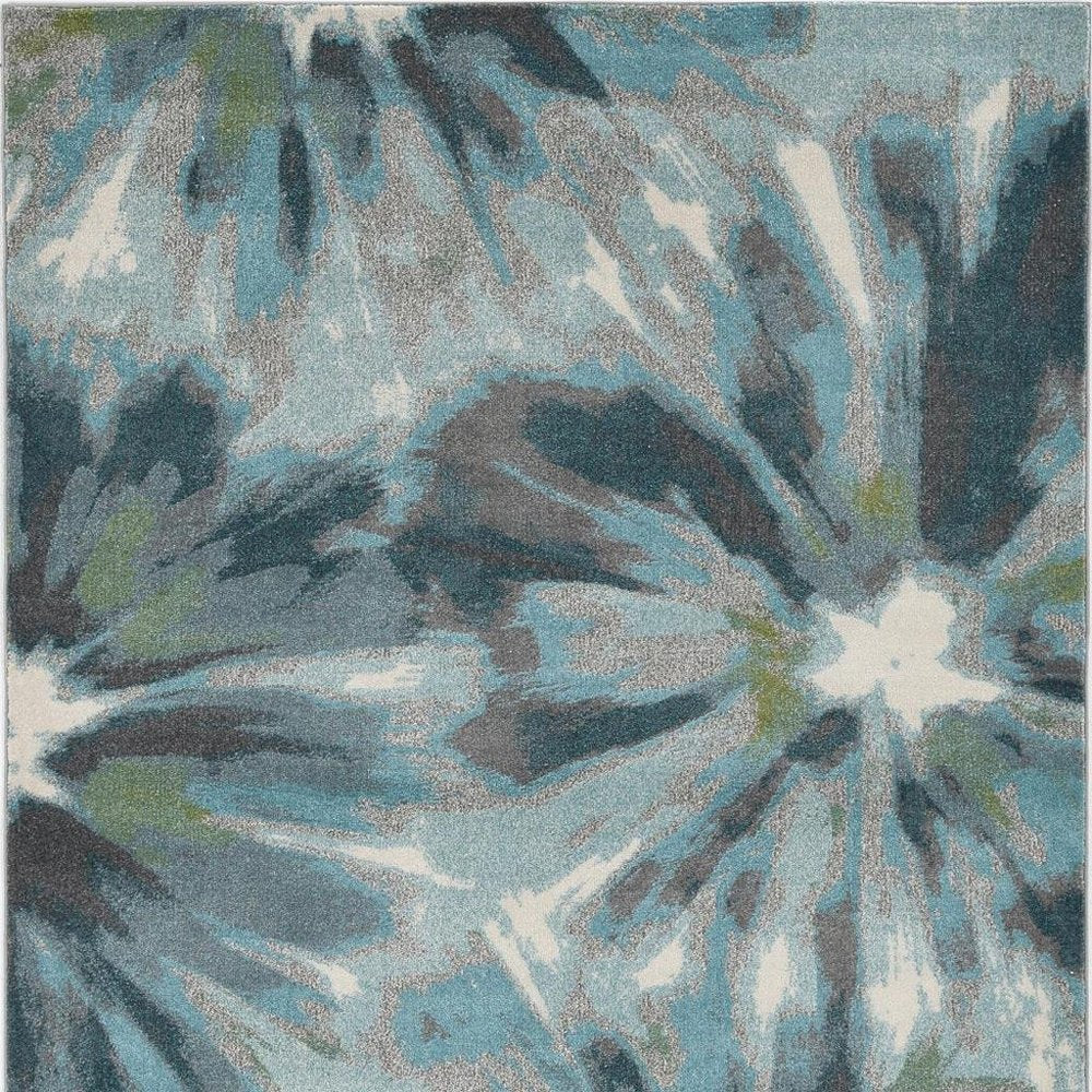 8' X 11' Teal Ivory And Gray Floral Area Rug