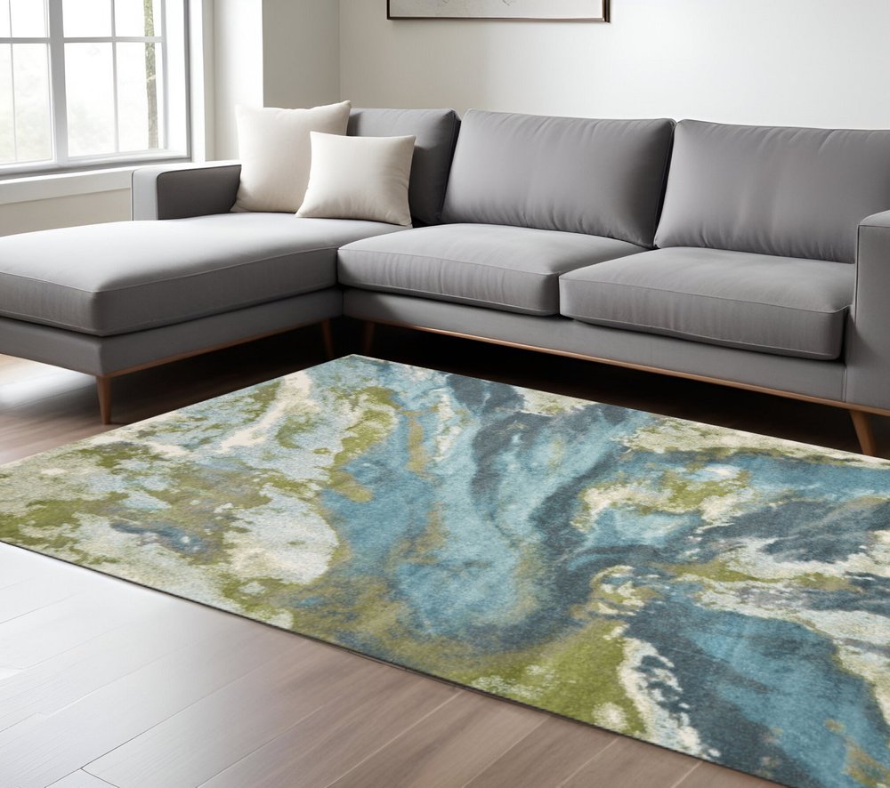 5' X 7' Teal Gray And Green Abstract Area Rug