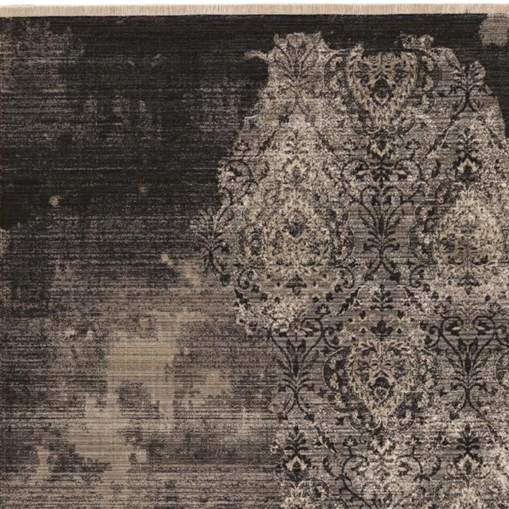 9' X 12' Taupe And Black Damask Area Rug