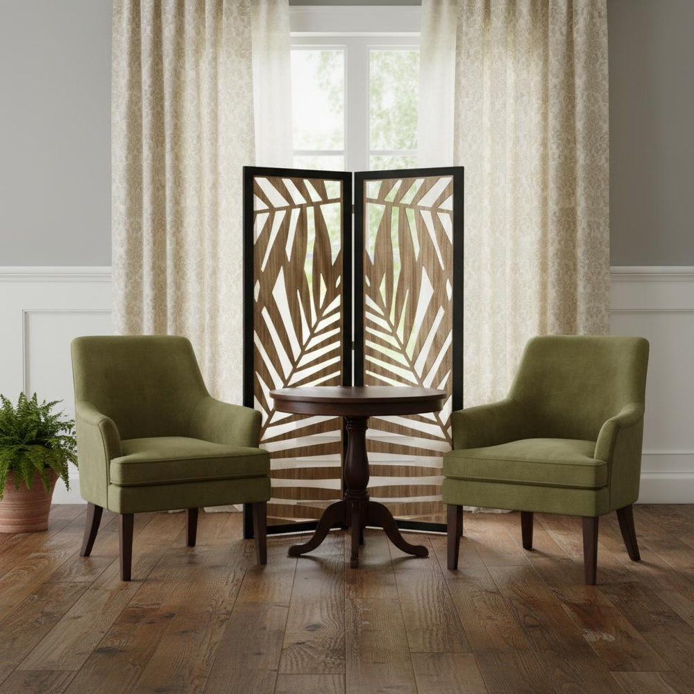 3 Panel Room Divider With Tropical Leaf Design