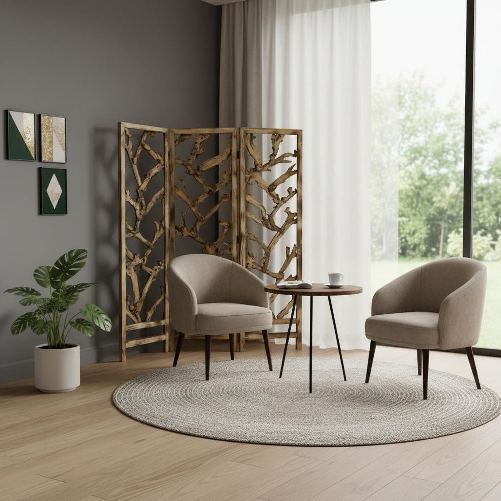 Rustic Earthy Wood Root Three Panel Room Divider Screen