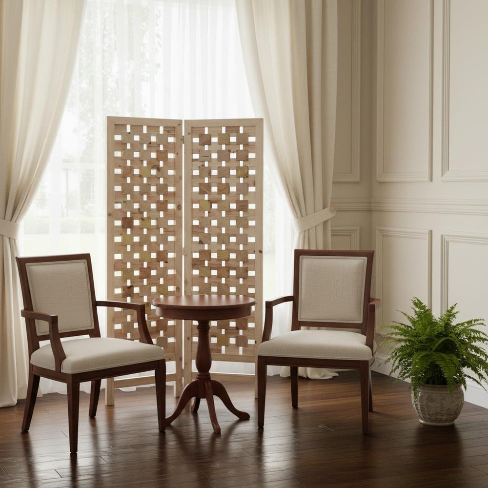 3 Panel Pink Room Divider With Cut Square Wood Design