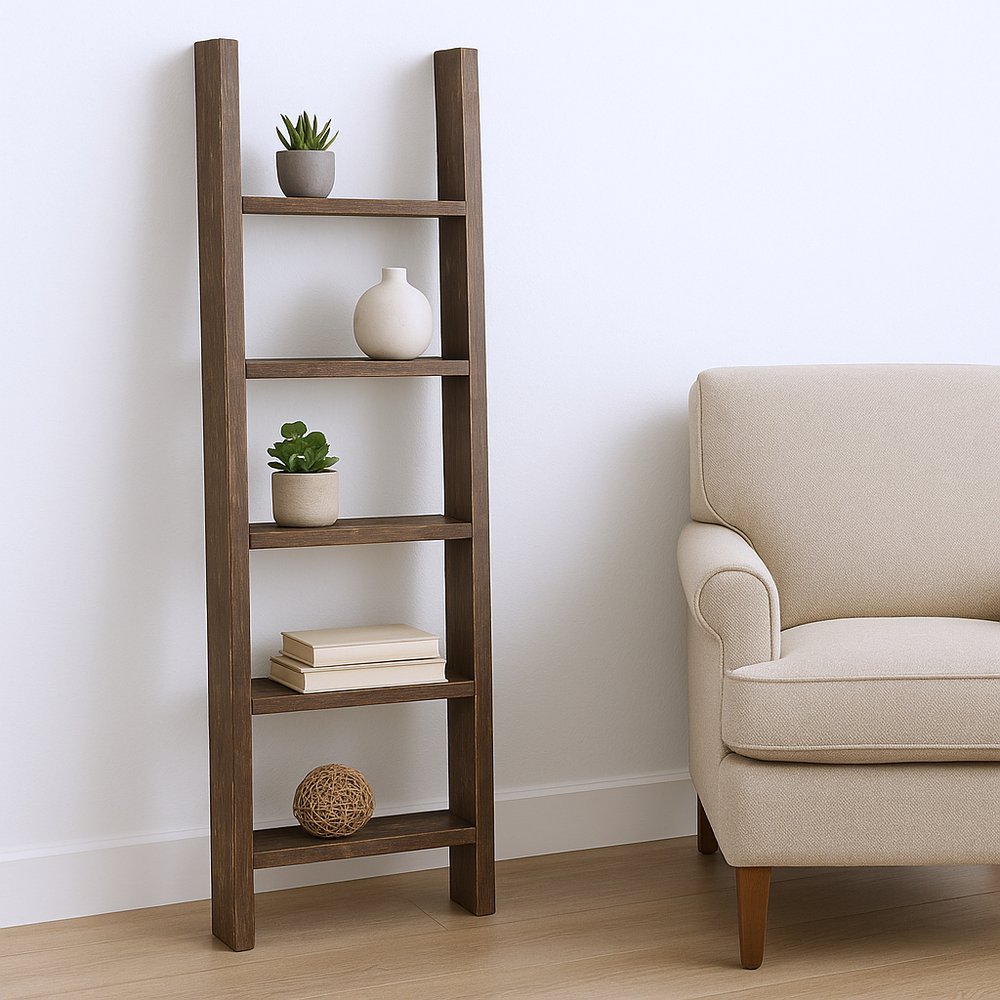 57" Brown Rustic Five Step Wood Ladder Shelf