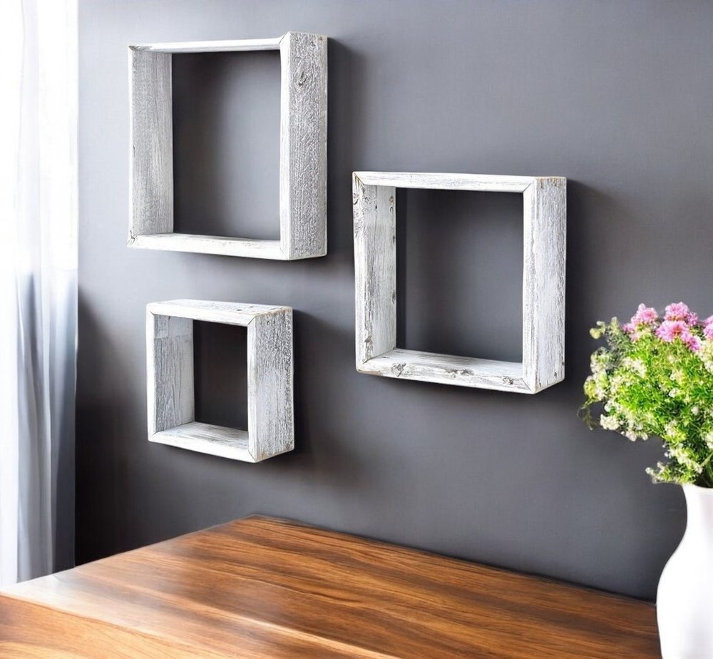 Set Of 3 Square Rustic White Wash Wood Open Box Shelve