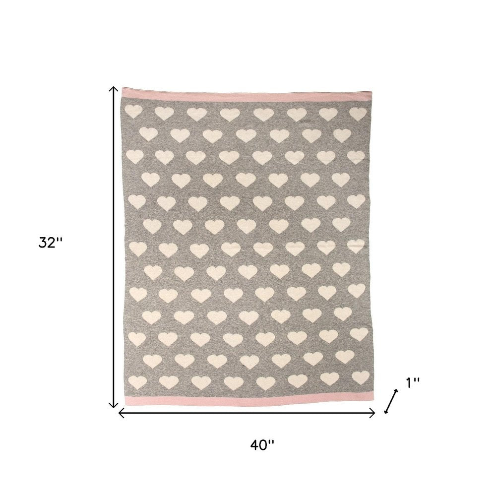 Grey And Ivory Hearts Knitted Baby Blanket