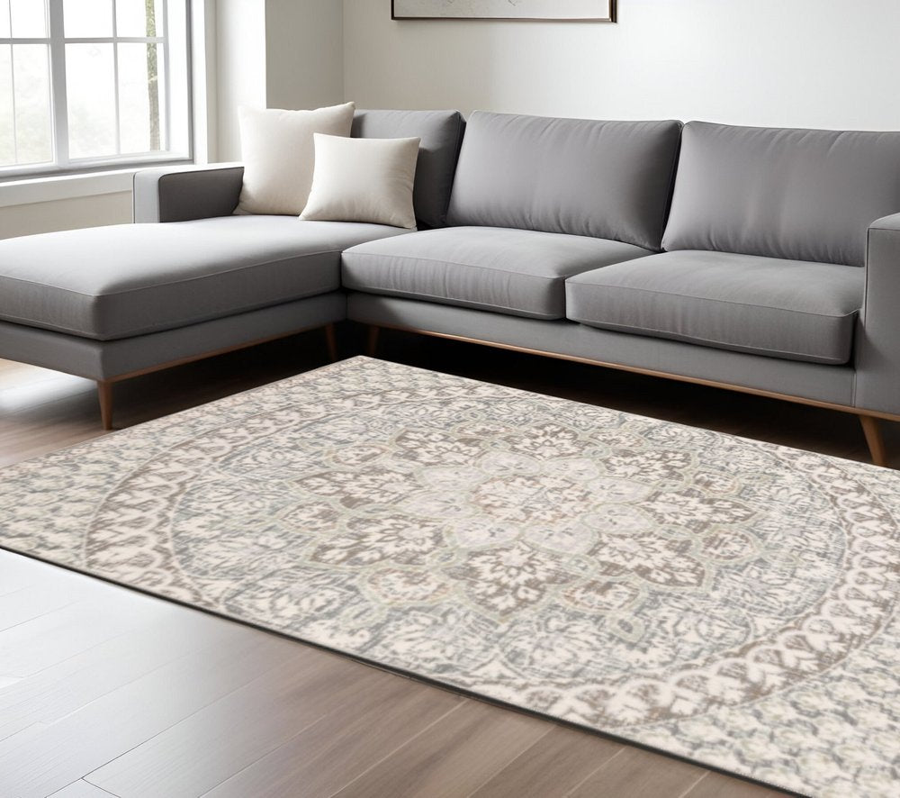 10' X 13' Ivory And Gray Medallion Distressed Area Rug