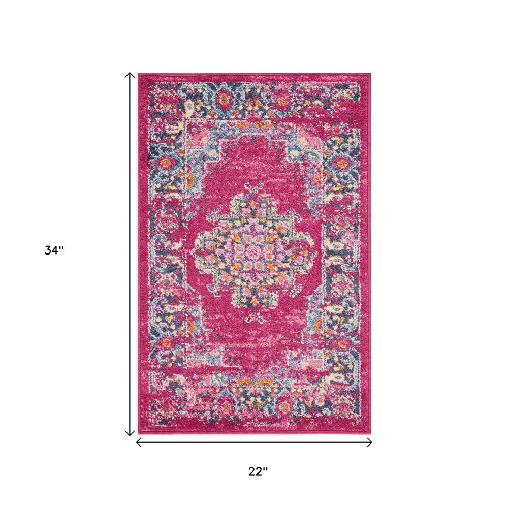 10' Fuchsia And Blue Oriental Distressed Runner Rug