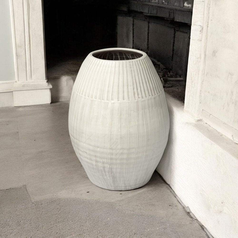 21" White Striped Ceramic Cylinder Floor Vase