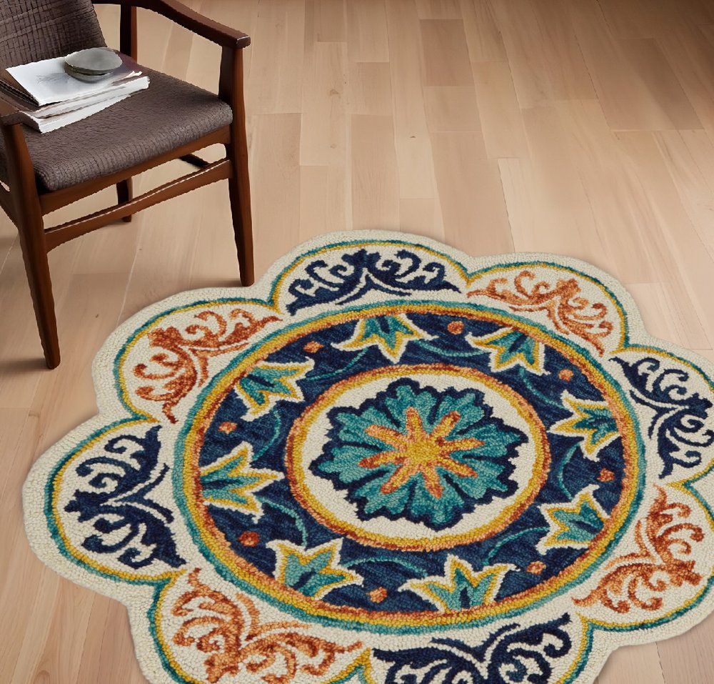 6' Ivory Round Wool Geometric Hand Tufted Area Rug