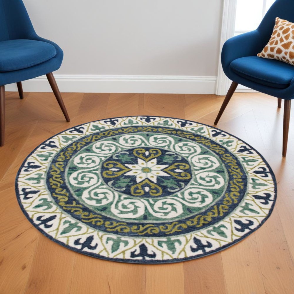 7' Round Blue and Green Ornate Medallion Area Rug