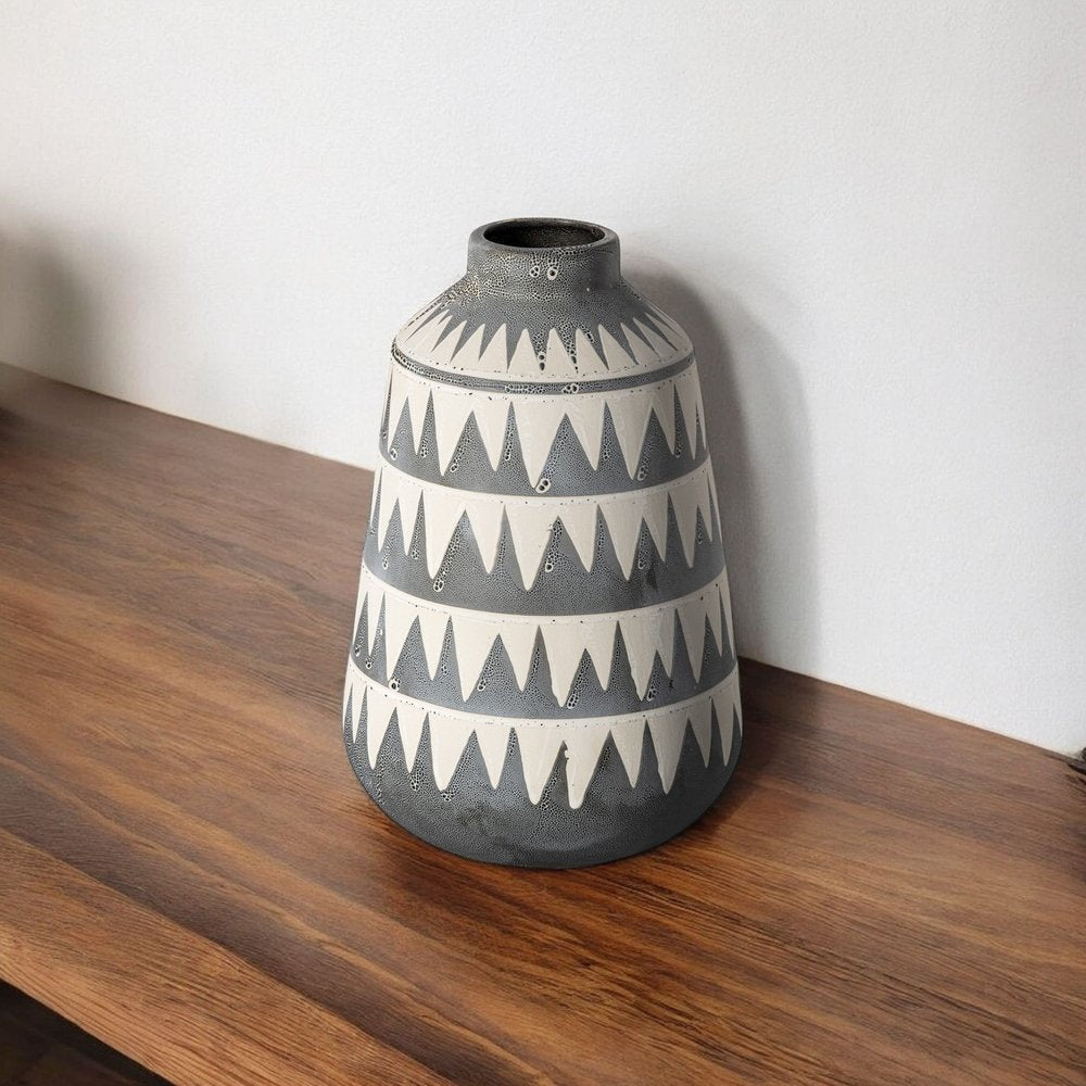 10" Gray And Ivory Geometric Cylinder Ceramic Table Vase