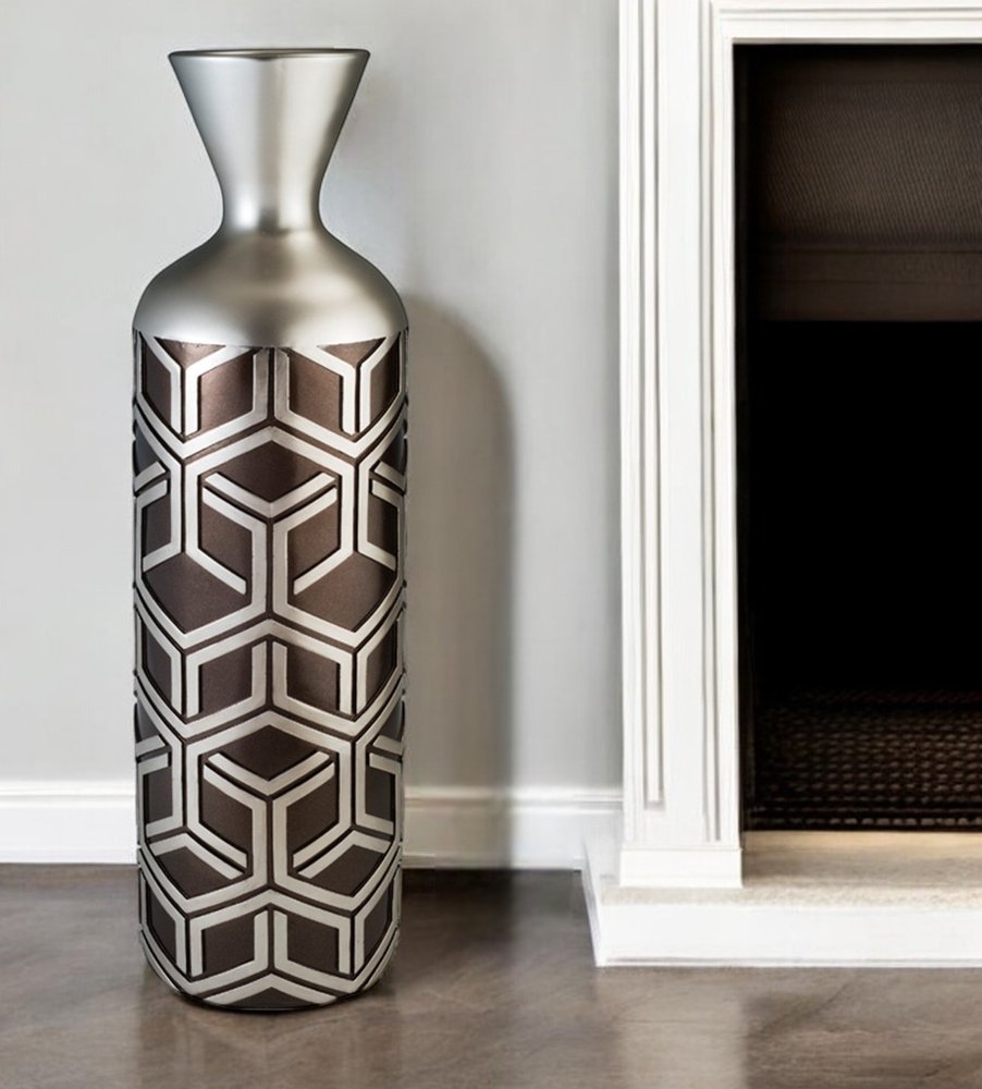 22" Brown and Silver Geometric Cylinder Polyresin Floor Vase