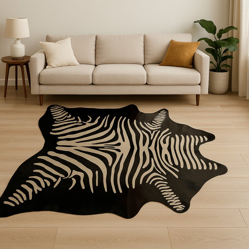 6' X 7' Black And Off White Cowhide Zebra Print Handmade Area Rug