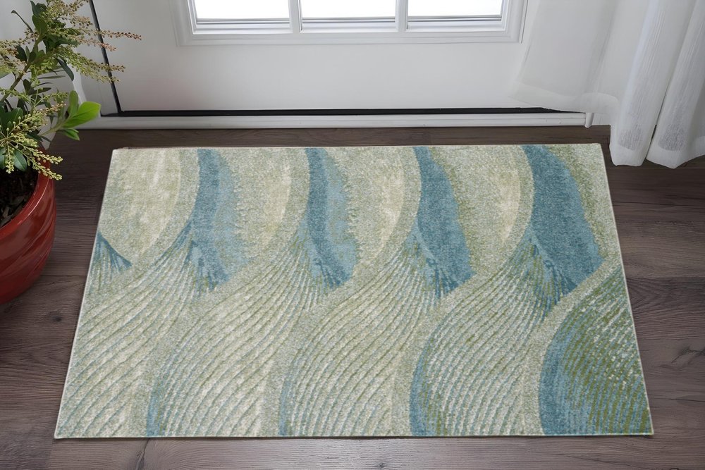 3' X 5' Beige Blue And Sage Abstract Area Rug