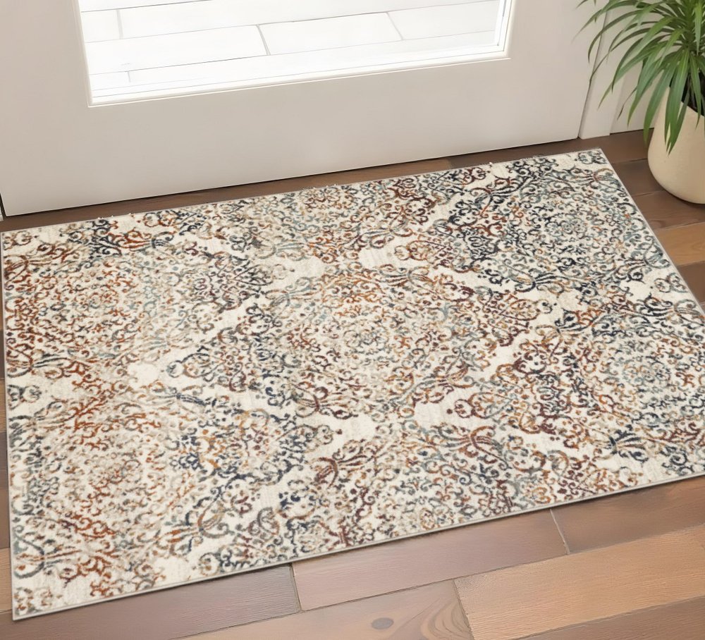 3' X 5' Ivory Rust And Green Oriental Area Rug