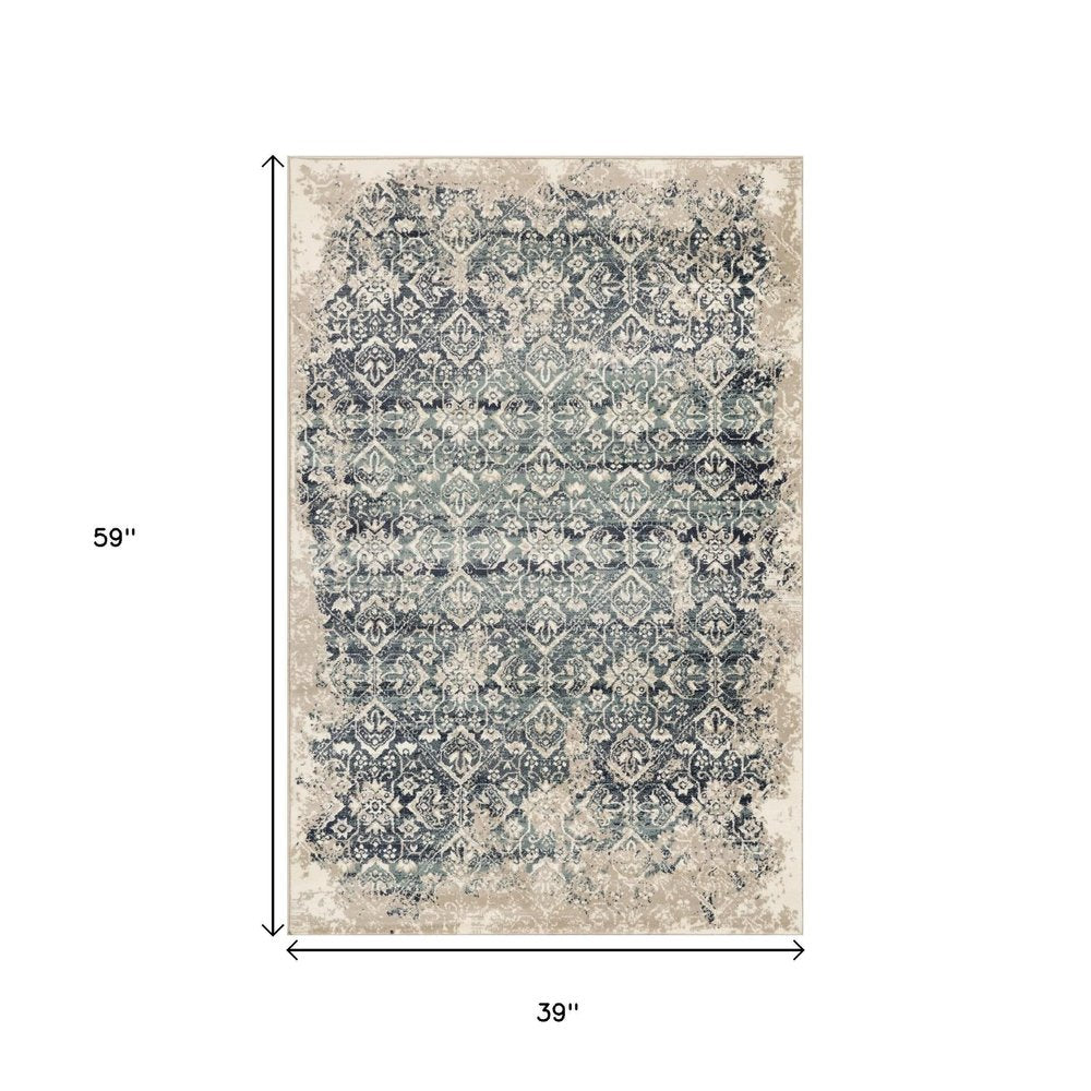 3' X 5' Ivory and Blue Oriental Area Rug