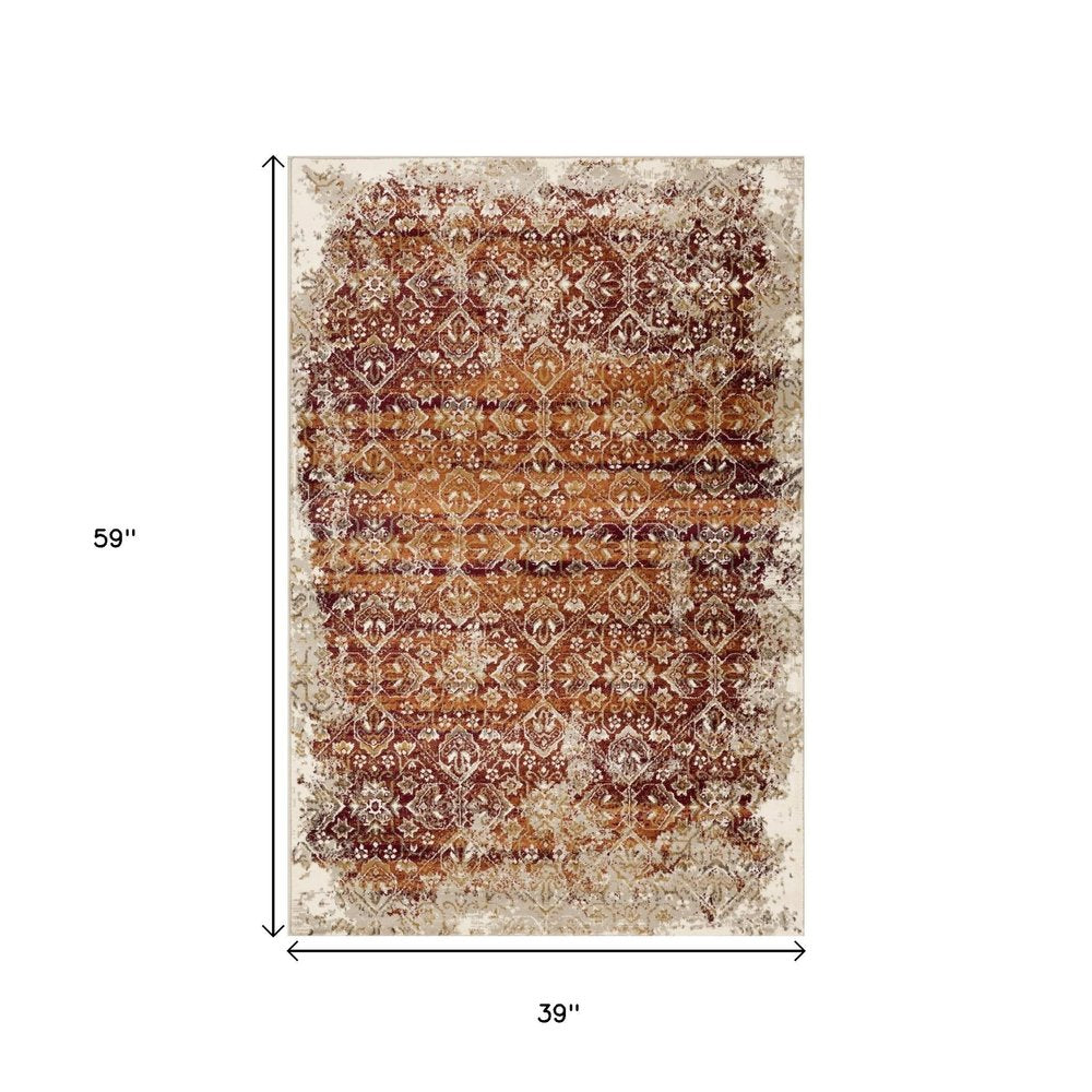 3' X 5' Rust And Ivory Oriental Area Rug