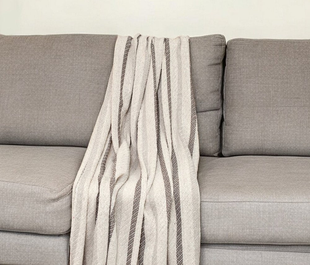 67" X 52" Beige And Taupe Cotton Woven Striped Throw Blanket with Fringe