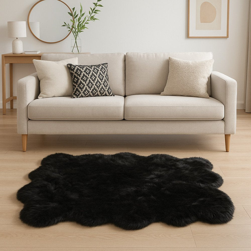 6' X 6' Black Faux Fur Washable Non Skid Area Rug