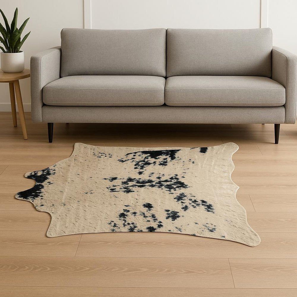 4' X 5' Black Gold And Off White Faux Cowhide Animal Print Washable Area Rug