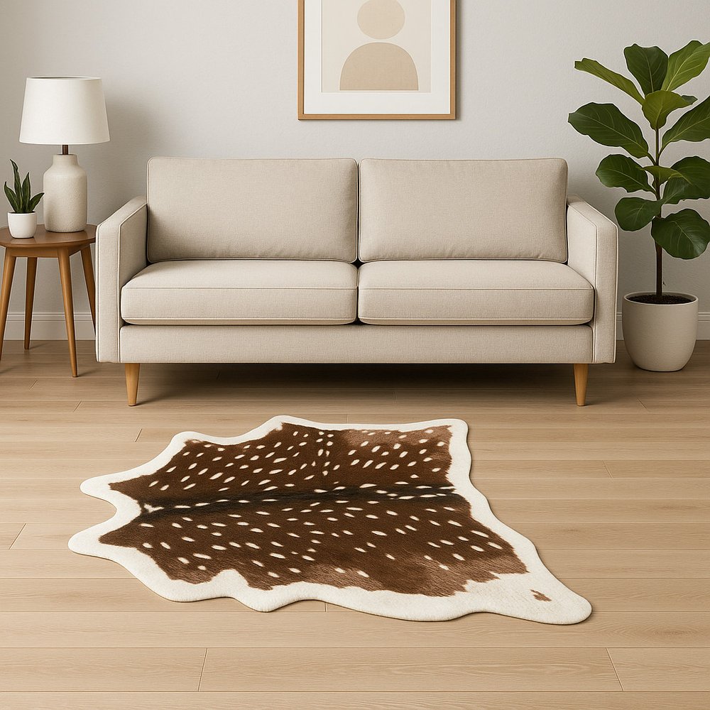 5' X 8' Off White And Brown Faux Cowhide Tufted Washable Non Skid Area Rug