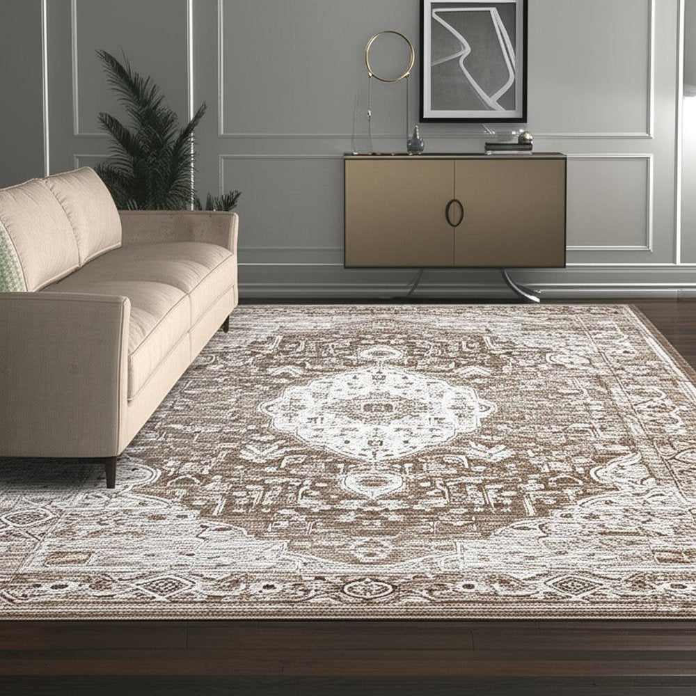 5' X 8' Beige Oriental Power Loom Distressed Stain Resistant Area Rug