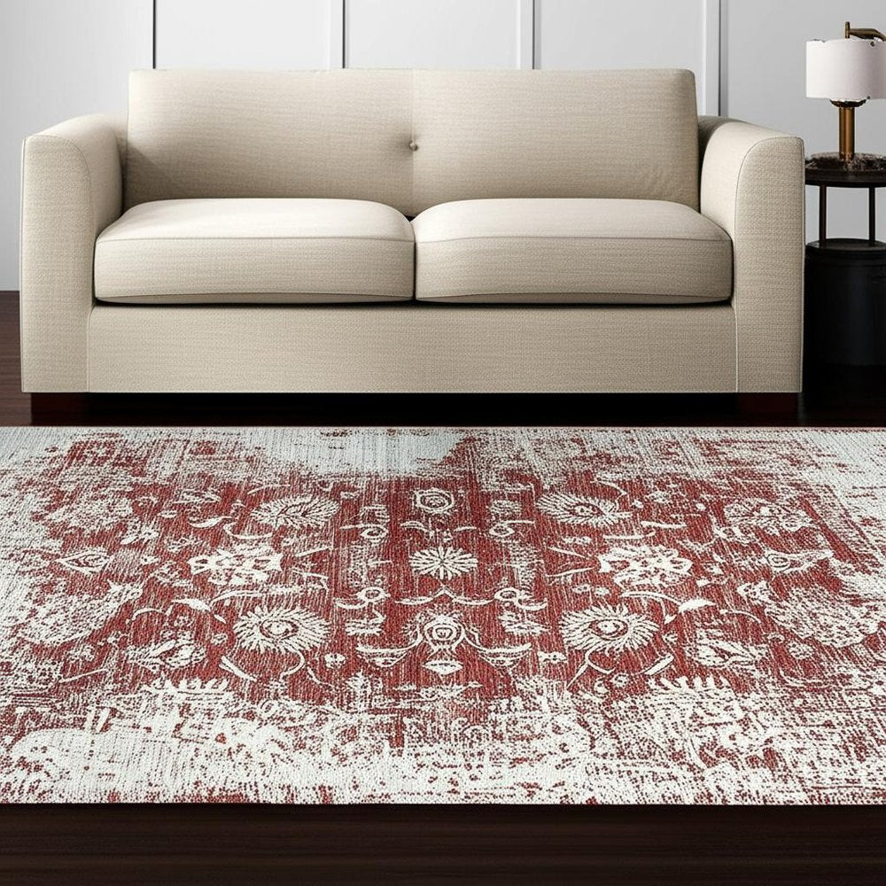 5' X 8' Rust Oriental Distressed Stain Resistant Area Rug