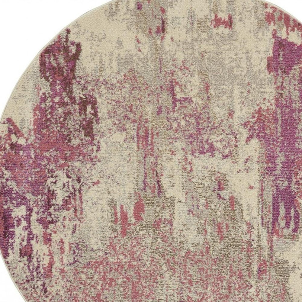 4' X 4' Ivory And Pink Round Abstract Power Loom Non Skid Area Rug