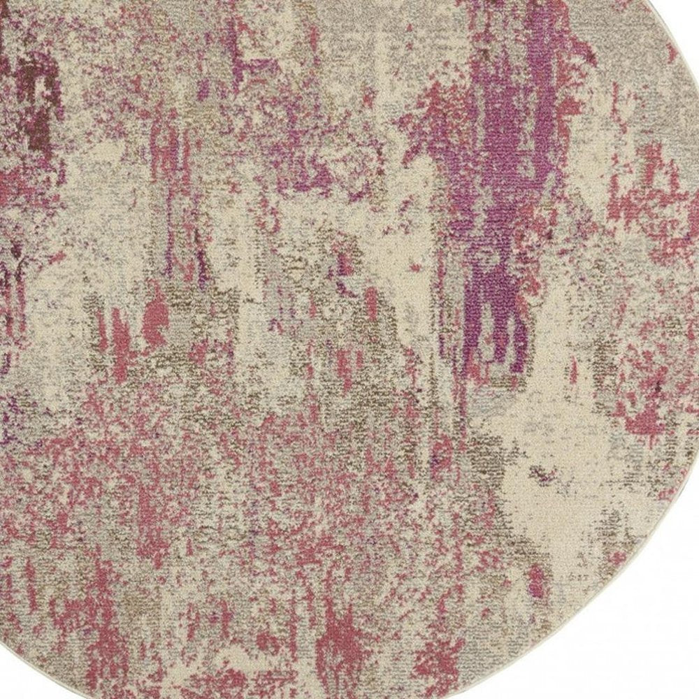 8' X 8' Ivory And Pink Round Abstract Power Loom Non Skid Area Rug