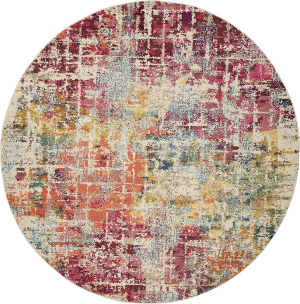 8' X 8' Pink Round Abstract Power Loom Distressed Non Skid Area Rug