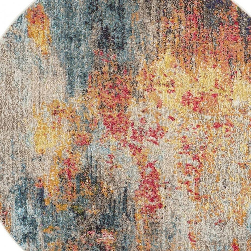 4' Blue And Orange Abstract Round Rug