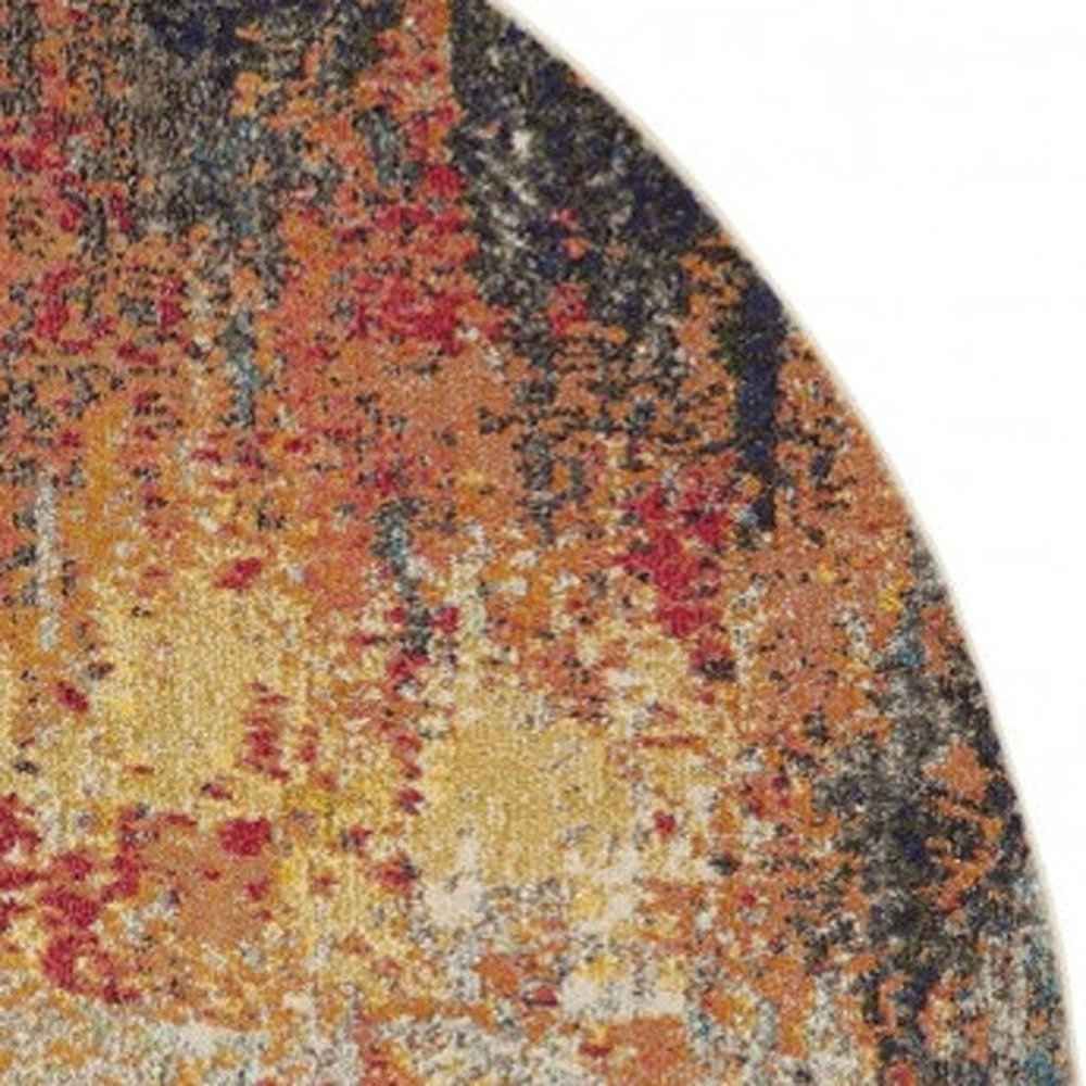 8' Blue And Orange Abstract Round Rug